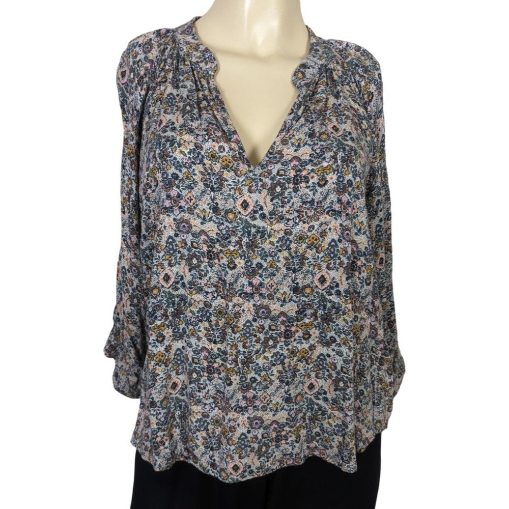 Roan‎ + Ryan 3/4" balloon sleeve V neck floral print pull over blouse size S
